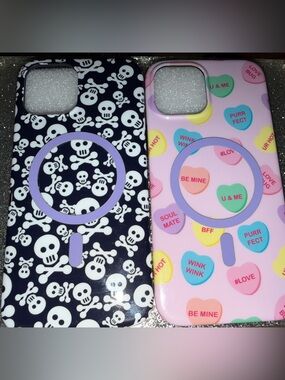 Phone Case Duo - Black Skull & Pink Candy Heart MagSafe Compatible